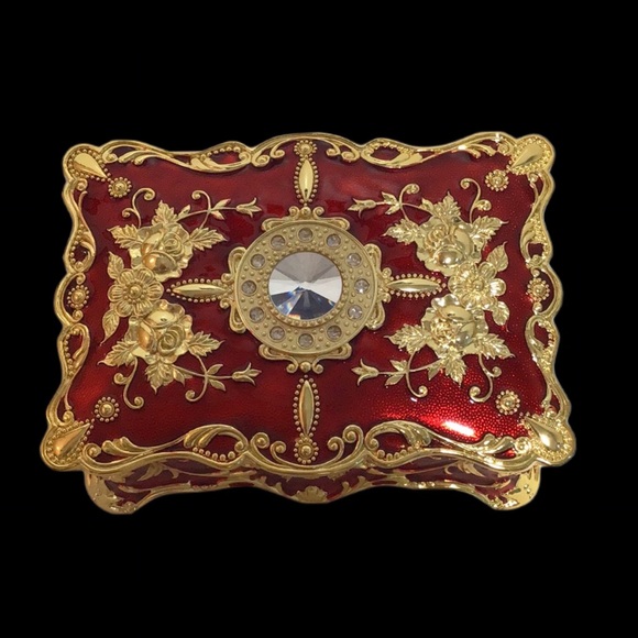 NEW Vintage Royal Style Red Enamel and Gold Jewelry Box with Rhinestones 2 Tier